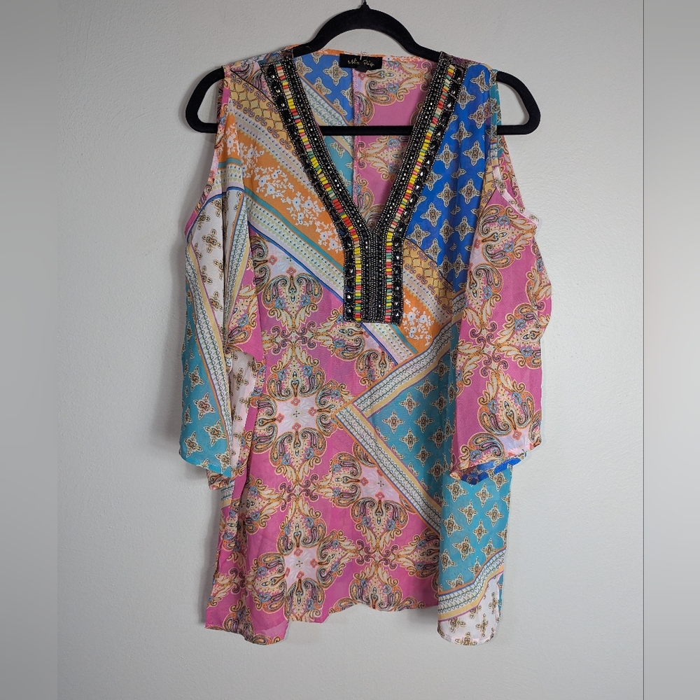 L Melissa Paige Boho Patchwork Cold Shoulder Beaded Top
